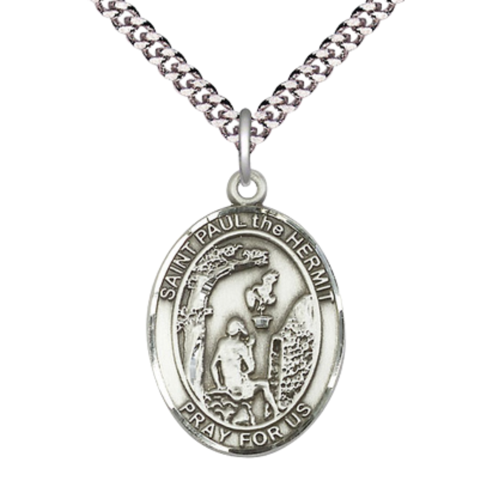 Saint St. Paul the Hermit Medal Necklace– Men's Pewter Pendant with 24- Inch Light Rhodium Plated Chain – Patron Saint St. of Weavers, Catholic Medal – Velvet Gift Box Included