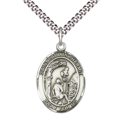 Saint St. Paul the Hermit Medal Necklace– Men's Pewter Pendant with 24- Inch Light Rhodium Plated Chain – Patron Saint St. of Weavers, Catholic Medal – Velvet Gift Box Included