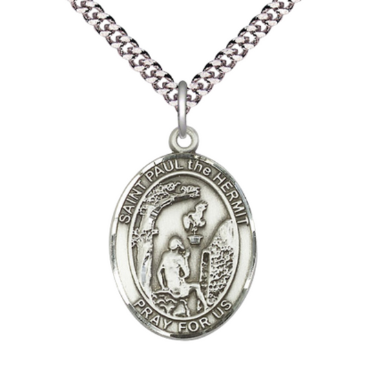 1 x 3/4" Oval Pewter Paul the Hermit Medal Pendant on 24 inch Rhodium Plated Heavy Curb Brass Chain with Lobster Claw clasp, Catholic Religious Necklace - Made in USA- Deluxe Velvet Gift Box