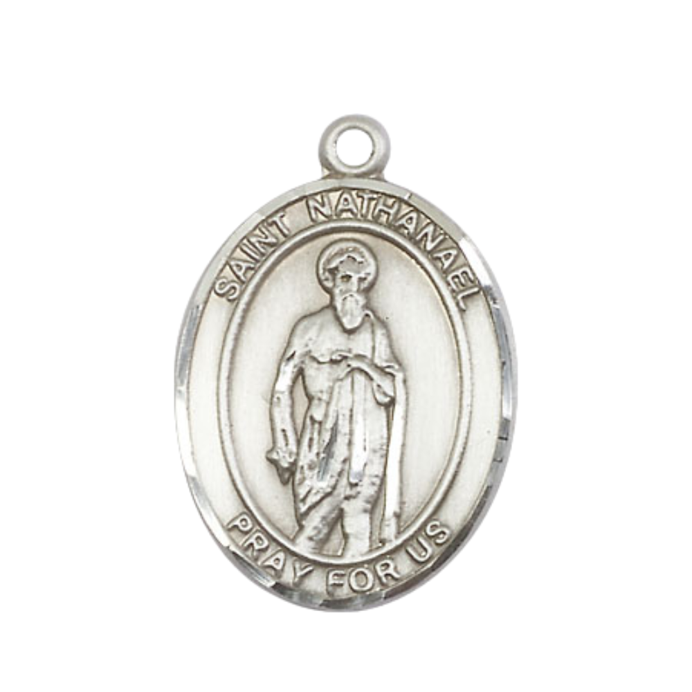 Women's .925 Sterling Silver Saint St. Nathanael Medal Pendant on 18 Inch Rhodium Plated Lite Curb Brass Chain with Lobster Claw Clasp, Catholic Religious Necklace - Made in USA- Deluxe Velvet Gift Box