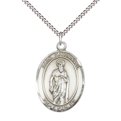 Women's .925 Sterling Silver Saint St. Nathanael Medal Pendant on 18 Inch Rhodium Plated Lite Curb Brass Chain with Lobster Claw Clasp, Catholic Religious Necklace - Made in USA- Deluxe Velvet Gift Box