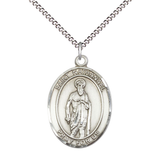 Women's Pewter Saint St. Nathanael Medal Pendant on 18 Inch Rhodium Plated Lite Curb Brass Chain with Lobster Claw Clasp, Catholic Religious Necklace - Made in USA- Deluxe Velvet Gift Box