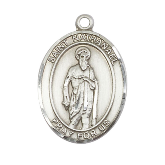 Oval .925 Sterling Silver Saint St. Nathanael Medal Pendant on 24 Inch Rhodium Plated Heavy Curb Brass Chain with Lobster Claw clasp, Catholic Religious Necklace - Made in USA- Deluxe Velvet Gift Box
