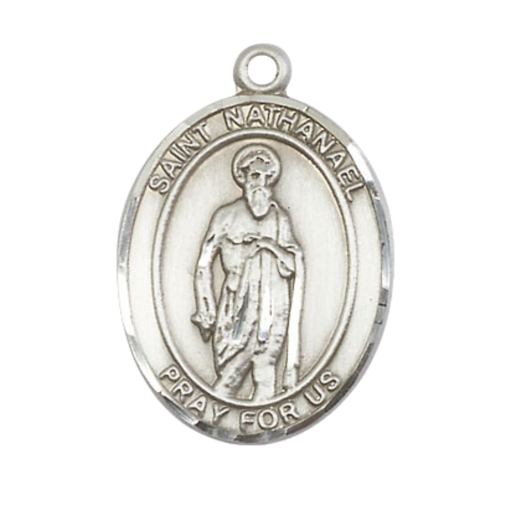 Saint St. Nathanael Medal Necklace– Men's .925 Sterling Silver Pendant with 24- Inch Light Rhodium Plated Heavy Curb Chain – Patron Saint St. of Cobblers & Nervous Diseases, Catholic Medal – Velvet Gift Box Included