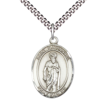 Saint St. Nathanael Medal Necklace– Men's .925 Sterling Silver Pendant with 24- Inch Light Rhodium Plated Heavy Curb Chain – Patron Saint St. of Cobblers & Nervous Diseases, Catholic Medal – Velvet Gift Box Included
