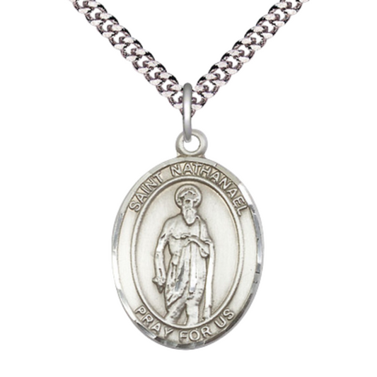 Saint St. Nathanael Medal Necklace– Men's .925 Sterling Silver Pendant with 24- Inch Light Rhodium Plated Heavy Curb Chain – Patron Saint St. of Cobblers & Nervous Diseases, Catholic Medal – Velvet Gift Box Included
