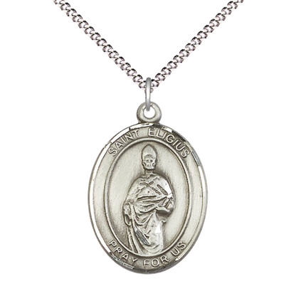 Women's Pewter Saint St. Eligius Medal Pendant on 18 Inch Rhodium Plated Lite Curb Brass Chain with Lobster Claw Clasp, Catholic Religious Necklace - Made in USA- Deluxe Velvet Gift Box