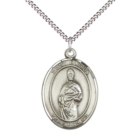 Women's .925 Sterling Silver Saint St. Eligius Medal Pendant on 18 Inch Rhodium Plated Lite Curb Brass Chain with Lobster Claw Clasp, Catholic Religious Necklace - Made in USA- Deluxe Velvet Gift Box