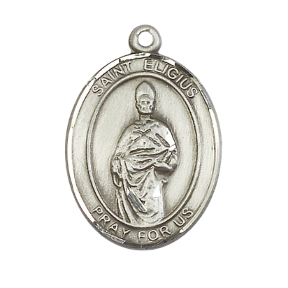 1 x 3/4 Inch Oval Pewter Saint St. Eligius Medal Pendant on 24 inch Rhodium Plated Heavy Curb Brass Chain with Lobster Claw clasp, Catholic Religious Necklace - Made in USA- Deluxe Velvet Gift Box