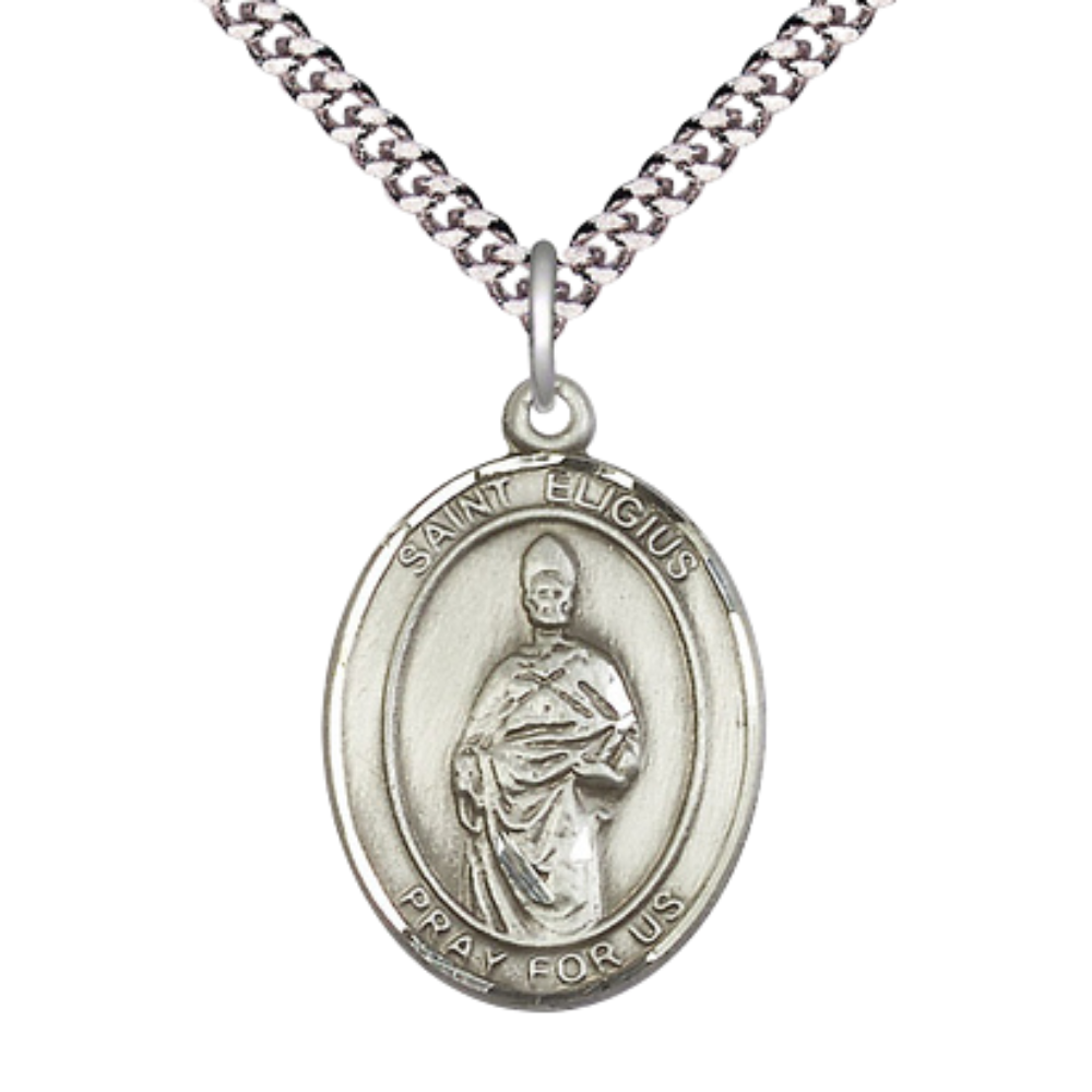 Saint St. Eligius Medal Necklace – Men's .925 Sterling Silver Pendant on 24 Inch Light Rhodium Plated Heavy Curb Chain – Catholic Patron Saint St. of Metalworkers – Velvet Gift Box Included