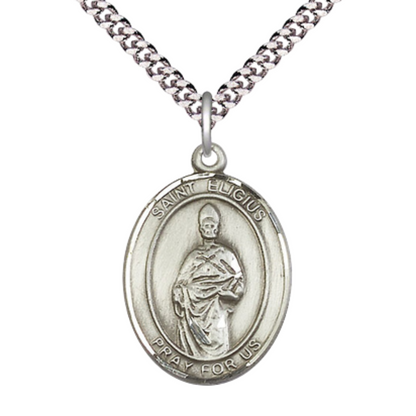 Saint Eligius Medal Necklace – Men's Pewter Pendant on 24” Light Rhodium Plated Chain – Catholic Patron Saint of Metalworkers – Velvet Gift Box Included
