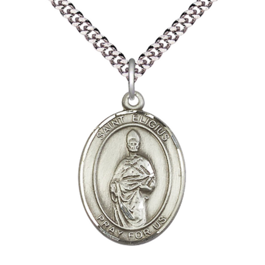 1 x 3/4 Inch Oval Pewter Saint St. Eligius Medal Pendant on 24 inch Rhodium Plated Heavy Curb Brass Chain with Lobster Claw clasp, Catholic Religious Necklace - Made in USA- Deluxe Velvet Gift Box