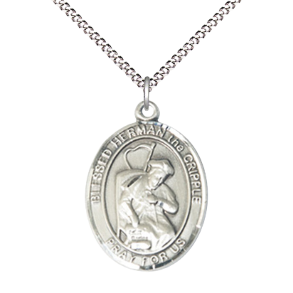 Women's .925 Sterling Silver Blessed Herman the Cripple Medal Pendant on 18 Inch Rhodium Plated Lite Curb Brass Chain with Lobster Claw Clasp, Catholic Religious Necklace - Made in USA- Velvet Gift Box