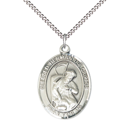 Women's Pewter Blessed Herman the Cripple Medal Pendant on 18 Inch Rhodium Plated Lite Curb Brass Chain with Lobster Claw Clasp, Catholic Religious Necklace - Made in USA- Velvet Gift Box