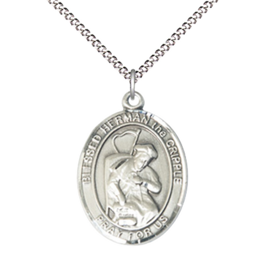 Women's Pewter Blessed Herman the Cripple Medal Pendant on 18 Inch Rhodium Plated Lite Curb Brass Chain with Lobster Claw Clasp, Catholic Religious Necklace - Made in USA- Velvet Gift Box