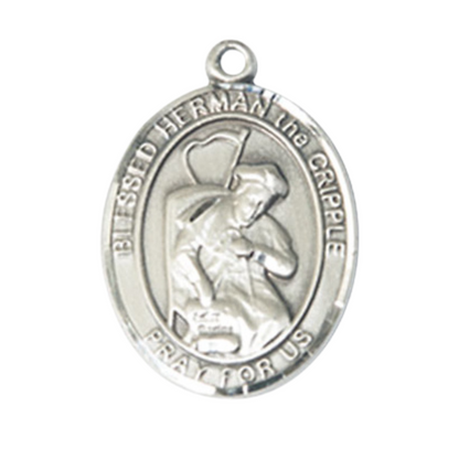 Oval Pewter Blessed Herman the Cripple Medal Pendant on 24 Inch Rhodium Plated Heavy Curb Brass Chain with Lobster Claw clasp, Catholic Religious Necklace - Made in USA- Deluxe Velvet Gift Box