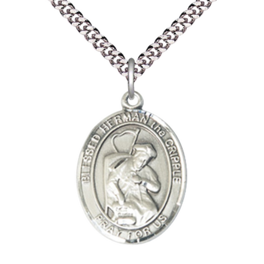 Oval Pewter Blessed Herman the Cripple Medal Pendant on 24 Inch Rhodium Plated Heavy Curb Brass Chain with Lobster Claw clasp, Catholic Religious Necklace - Made in USA- Deluxe Velvet Gift Box