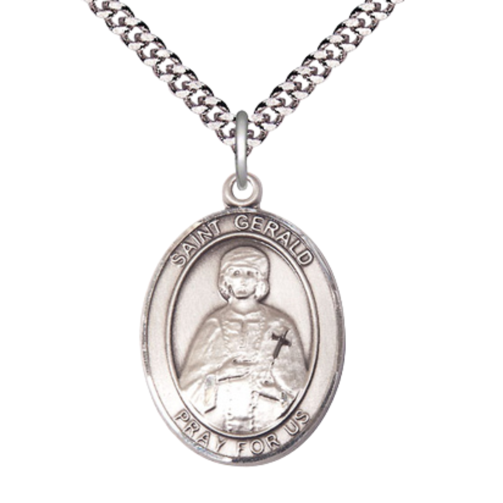 1 x 3/4" Oval Pewter Saint St. Gerald Medal Pendant on 24 inch Rhodium Plated Heavy Curb Brass Chain with Lobster Claw clasp, Catholic Religious Necklace - Made in USA- Deluxe Velvet Gift Box