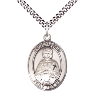 1 x 3/4" Oval Pewter Saint St. Gerald Medal Pendant on 24 inch Rhodium Plated Heavy Curb Brass Chain with Lobster Claw clasp, Catholic Religious Necklace - Made in USA- Deluxe Velvet Gift Box