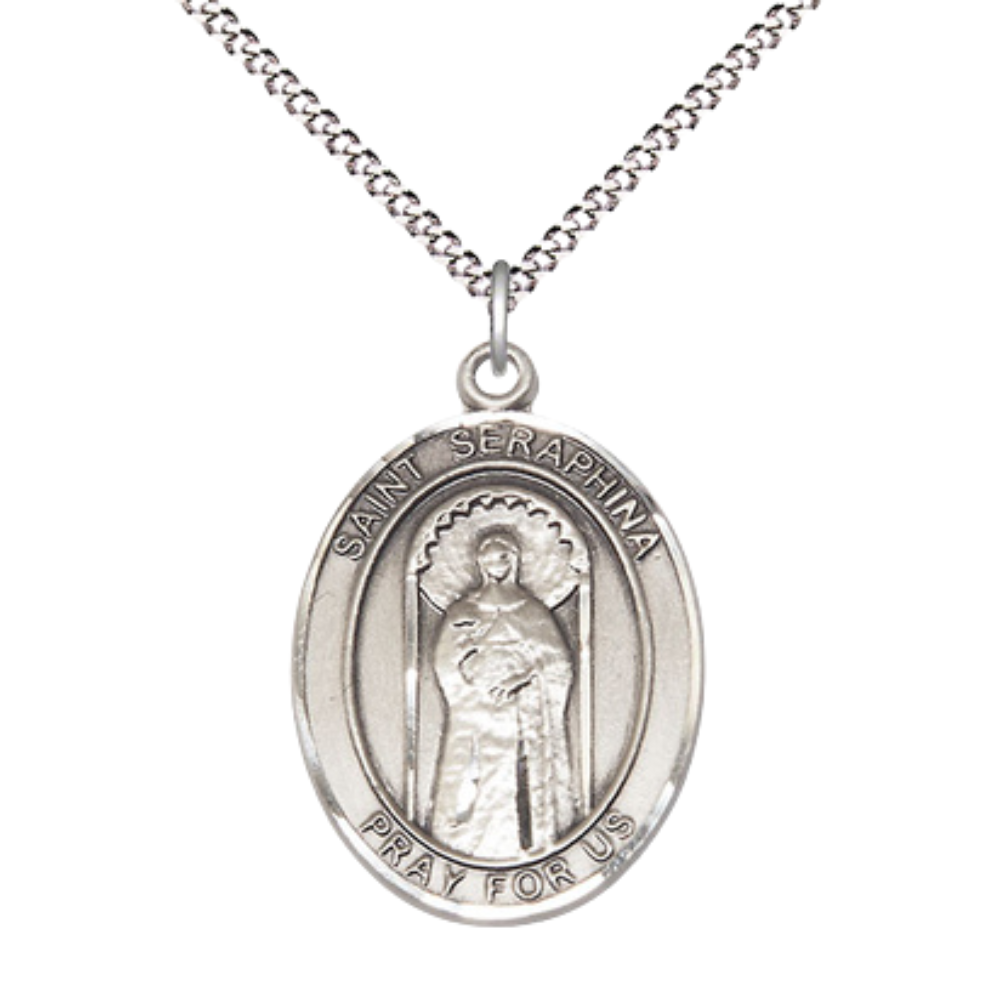 Women's Pewter Saint St. Seraphina Medal Pendant on 18 Inch Rhodium Plated Lite Curb Brass Chain with Lobster Claw Clasp, Catholic Religious Necklace - Made in USA- Velvet Gift Box