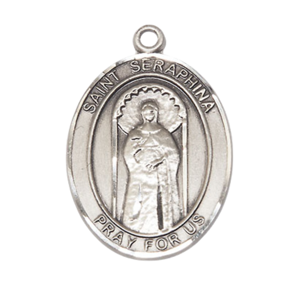 Women's Pewter Saint St. Seraphina Medal Pendant on 18 Inch Rhodium Plated Lite Curb Brass Chain with Lobster Claw Clasp, Catholic Religious Necklace - Made in USA- Velvet Gift Box