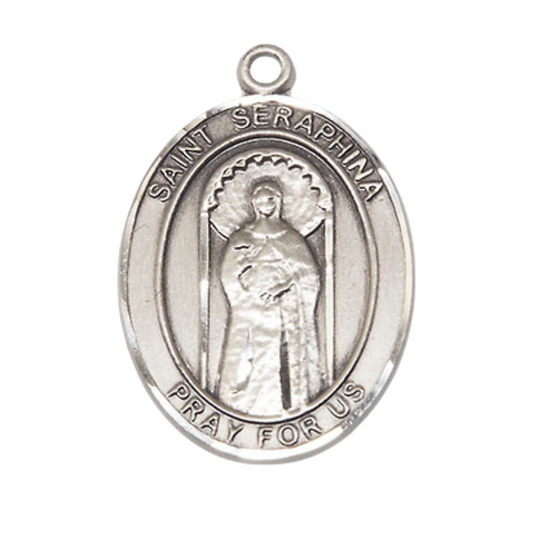 Oval .925 Sterling Silver Saint Seraphina Medal Pendant on 24" Rhodium Plated Heavy Curb Brass Chain with Lobster Claw clasp, Catholic Religious Necklace -Made in USA- Deluxe Velvet Gift Box