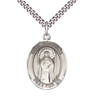 Saint St. Seraphina Medal Necklace – Men's Pewter Pendant with 24 Inch Light Rhodium Plated Chain, Catholic Medal – Patron Saint St. of the Handicapped & Disabled – Velvet Gift Box Included