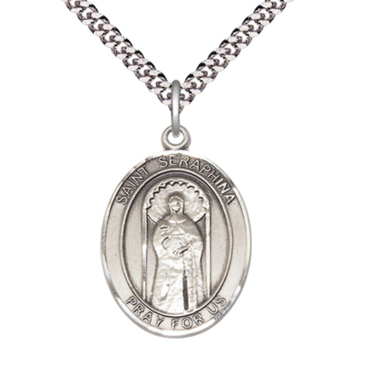 Saint St. Seraphina Medal Necklace – Men's Pewter Pendant with 24 Inch Light Rhodium Plated Chain, Catholic Medal – Patron Saint St. of the Handicapped & Disabled – Velvet Gift Box Included