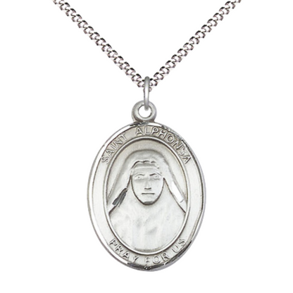 Everlasting Light Jewelry Women's Pewter Saint St. Alphonsa Medal Pendant on 18 Inch Rhodium Plated Lite Curb Brass Chain with Lobster Claw Clasp, Catholic Religious Necklace - Made in USA- Velvet Gift Box