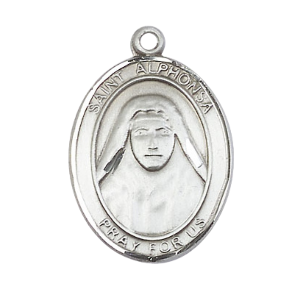 1 x 3/4" Oval Pewter Saint St. Alphonsa Medal Pendant on 24 inch Rhodium Plated Heavy Curb Brass Chain with Lobster Claw clasp, Catholic Religious Necklace - Made in USA- Deluxe Velvet Gift Box