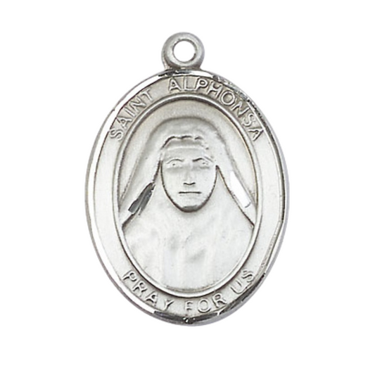 Oval .925 Sterling Silver Saint Alphonsa Medal Pendant on 24" Rhodium Plated Heavy Curb Brass Chain with Lobster Claw clasp, Catholic Religious Necklace -Made in USA- Deluxe Velvet Gift Box