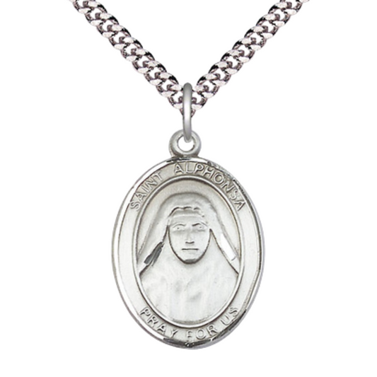 Saint St. Alphonsa Medal Necklace – Men's Pewter Pendant with 24- Inch Light Rhodium Plated Chain – Patron Saint St. Against Illness, Catholic Medal – Velvet Gift Box Included