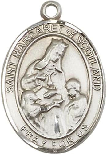 Saint St. Margaret of Scotland Medal Necklace – Men's Pewter Pendant on 24 Inch Light Rhodium Plated Chain – Catholic Patron Saint St. of Widows & Those Who Have Lost Children – Velvet Gift Box Included