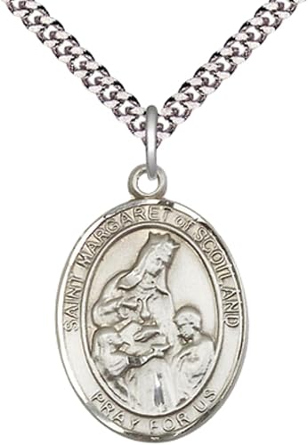 Saint St. Margaret of Scotland Medal Necklace – Men's Pewter Pendant on 24 Inch Light Rhodium Plated Chain – Catholic Patron Saint St. of Widows & Those Who Have Lost Children – Velvet Gift Box Included