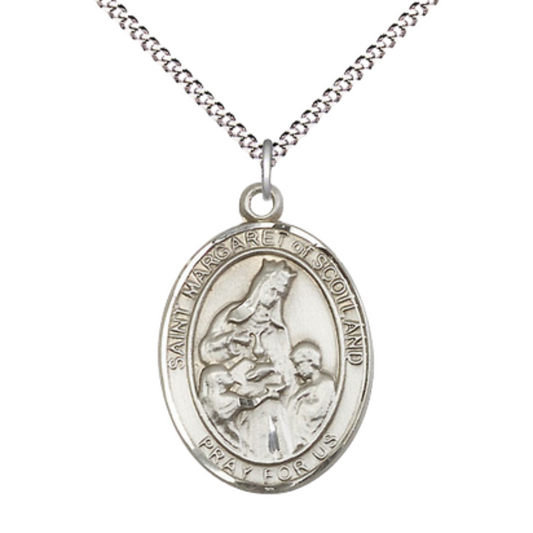 Women's Pewter Saint St. Margaret of Scotland Medal Pendant on 18 Inch Rhodium Plated Lite Curb Brass Chain with Lobster Claw Clasp, Catholic Religious Necklace - Made in USA- Deluxe Velvet Gift Box