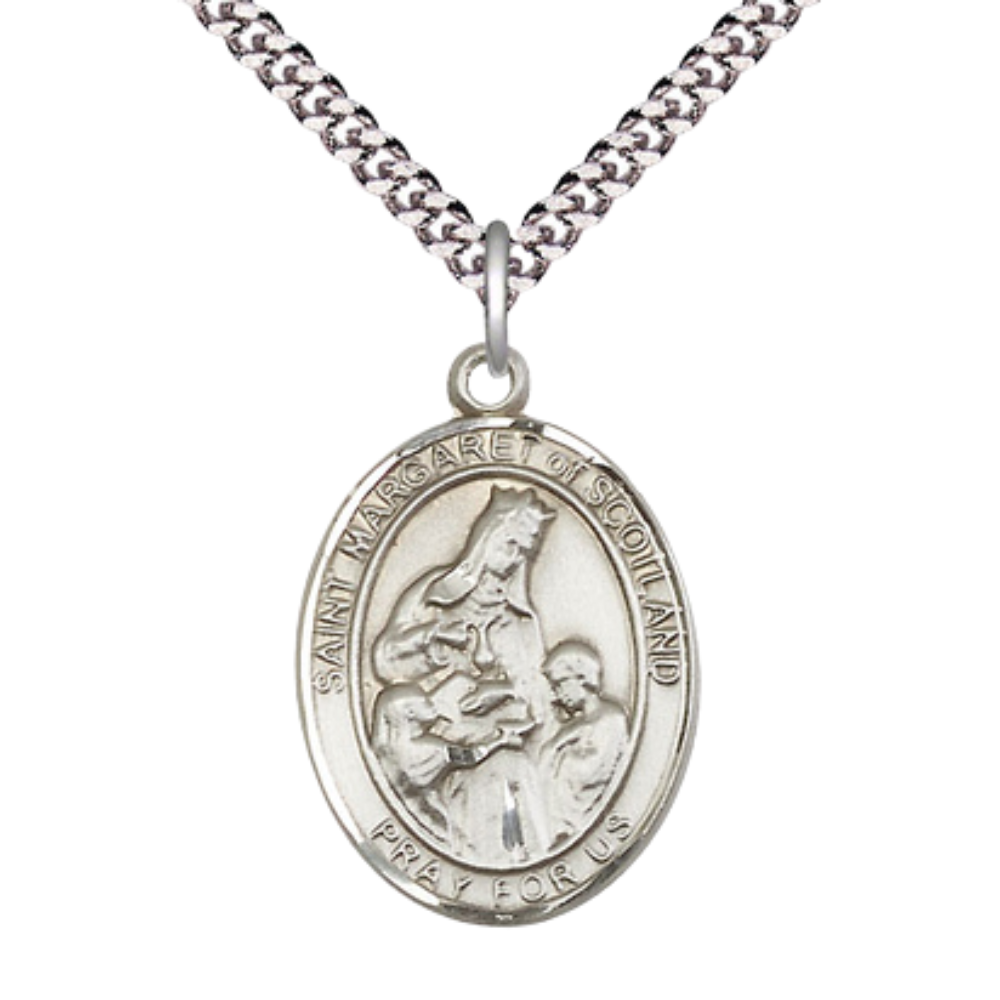 .925 Sterling Silver Saint St. Margaret of Scotland Medal Pendant on 24 Inch Rhodium Plated Heavy Curb Brass Chain w/ Lobster Claw clasp, Catholic Religious Necklace - Made in USA- Deluxe Velvet Gift Box