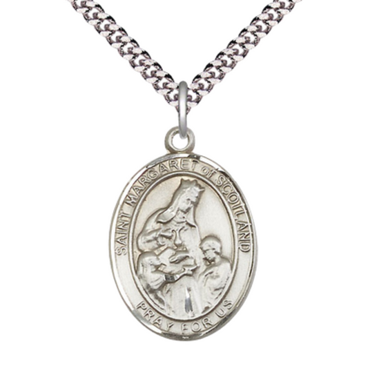 .925 Sterling Silver Saint St. Margaret of Scotland Medal Pendant on 24 Inch Rhodium Plated Heavy Curb Brass Chain w/ Lobster Claw clasp, Catholic Religious Necklace - Made in USA- Deluxe Velvet Gift Box
