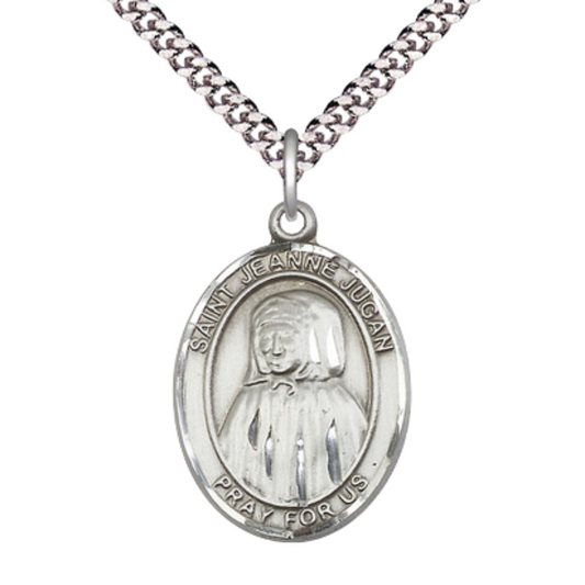 1 x 3/4" Oval Pewter Saint St. Jeanne Jugan Medal Pendant on 24 Inch Rhodium Plated Heavy Curb Brass Chain with Lobster Claw clasp, Catholic Religious Necklace - Made in USA- Deluxe Velvet Gift Box