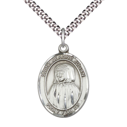 Saint St. Jeanne Jugan Medal Necklace – Men's .925 Sterling Silver Pendant with 24- Inch Light Rhodium Plated Heavy Curb Chain, Catholic Medal – Velvet Gift Box Included