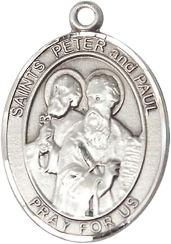 Women's Pewter Saint St. Peter Saint St. Paul Medal Pendant on 18 Inch Rhodium Plated Lite Curb Brass Chain with Lobster Claw Clasp, Catholic Religious Necklace - Made in USA- Velvet Gift Box