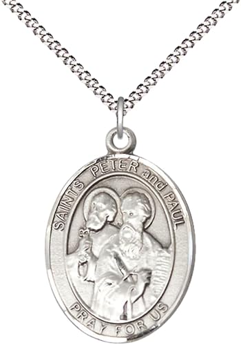 Women's .925 Sterling Silver Saint St. Peter Saint St. Paul Medal Pendant on 18 Inch Rhodium Plated Lite Curb Brass Chain with Lobster Claw Clasp, Catholic Religious Necklace - Made in USA- Velvet Gift Box