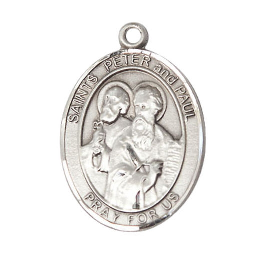 Sterling Silver Saint Peter Saint Paul Medal Pendant on 24" Rhodium Plated Heavy Curb Brass Chain with Lobster Claw clasp, Catholic Religious Necklace -Made in USA- Deluxe Velvet Gift Box