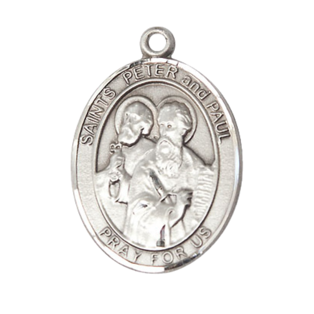 Oval Pewter Saint St. Peter Saint St. Paul Medal Pendant on 24 inch Rhodium Plated Heavy Curb Brass Chain with Lobster Claw clasp, Catholic Religious Necklace - Made in USA - Deluxe Velvet Gift Box