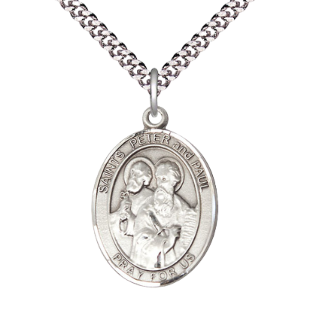 Saint Peter and Saint Paul Medal Necklace – Men's Pewter Pendant with 24 -Inch Light Rhodium Plated Chain – Patron Saint of Publishers & Reporters – Velvet Gift Box Included