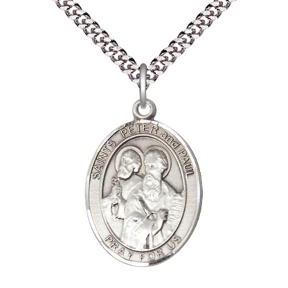 Saint Peter and Saint Paul Medal Necklace – Men's Pewter Pendant with 24 -Inch Light Rhodium Plated Chain – Patron Saint of Publishers & Reporters – Velvet Gift Box Included
