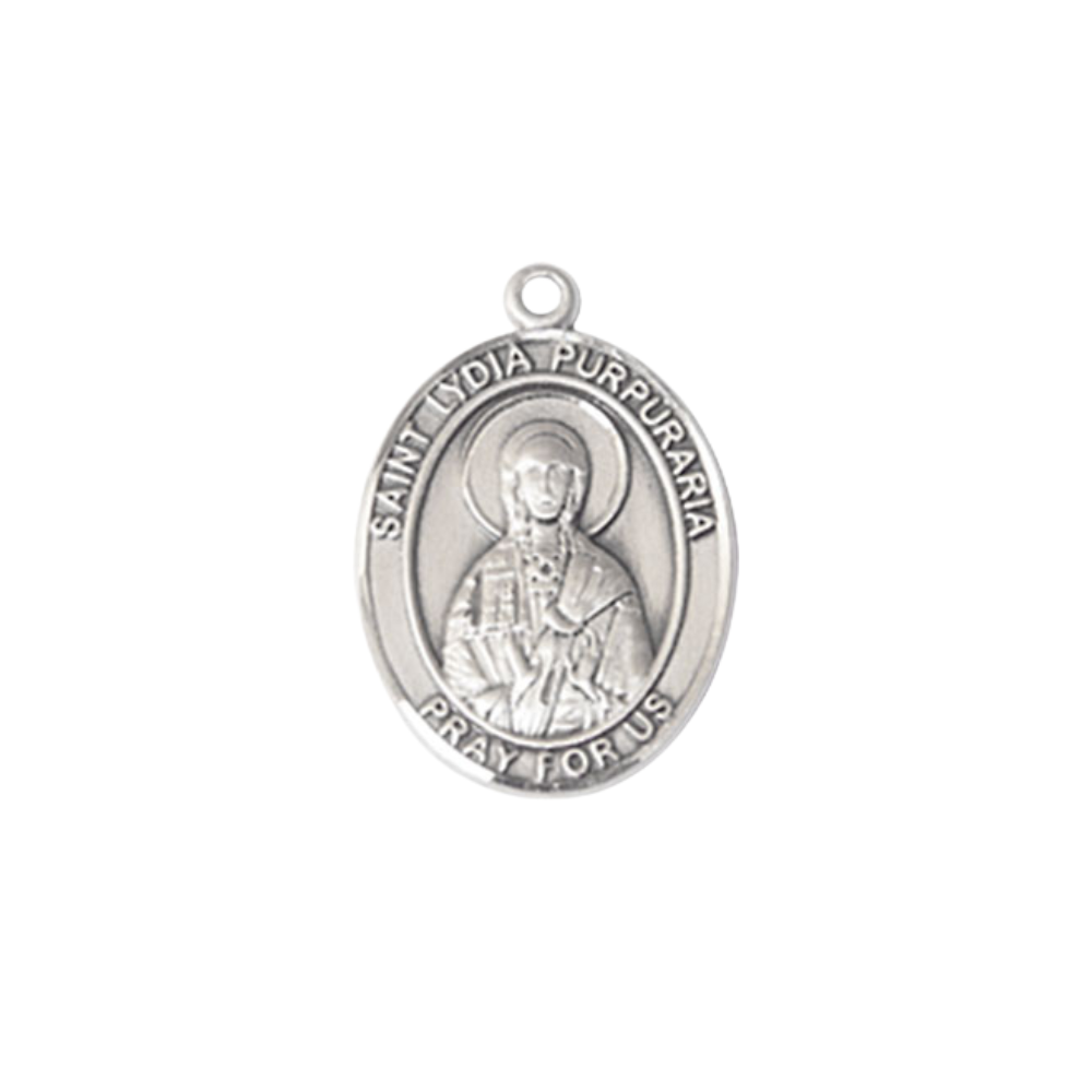 Women's Pewter Saint St. Lydia Purpuraria Medal Pendant on 18 Inch Rhodium Plated Lite Curb Brass Chain with Lobster Claw Clasp, Catholic Religious Necklace - Made in USA- Deluxe Velvet Gift Box