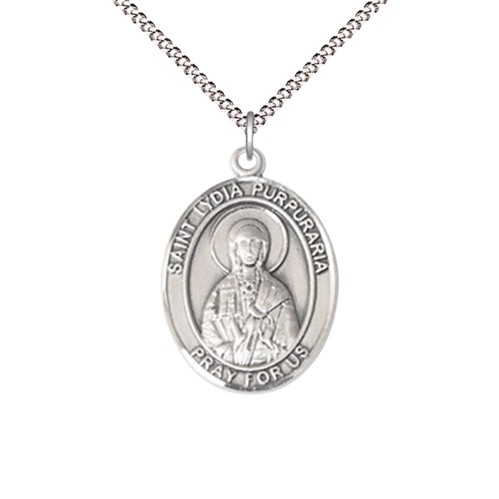 Women's .925 Sterling Silver Saint St. Lydia Purpuraria Medal Pendant on 18 Inch Rhodium Plated Lite Curb Brass Chain with Lobster Claw Clasp, Catholic Religious Necklace - Made in USA- Velvet Gift Box