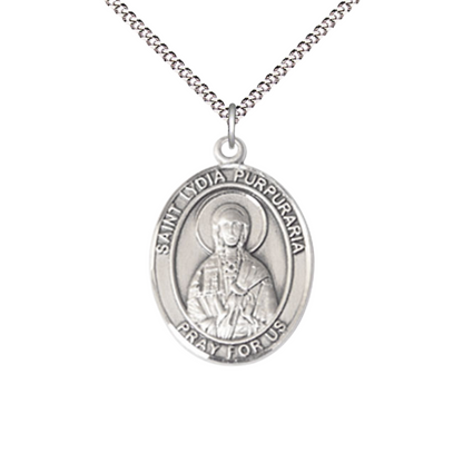 Women's .925 Sterling Silver Saint St. Lydia Purpuraria Medal Pendant on 18 Inch Rhodium Plated Lite Curb Brass Chain with Lobster Claw Clasp, Catholic Religious Necklace - Made in USA- Velvet Gift Box
