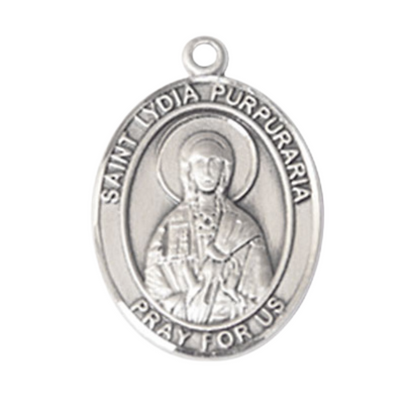 .925 Sterling Silver Saint St. Lydia Purpuraria Medal Pendant on 24 Inch Rhodium Plated Heavy Curb Brass Chain with Lobster Claw clasp, Catholic Religious Necklace - Made in USA- Deluxe Velvet Gift Box