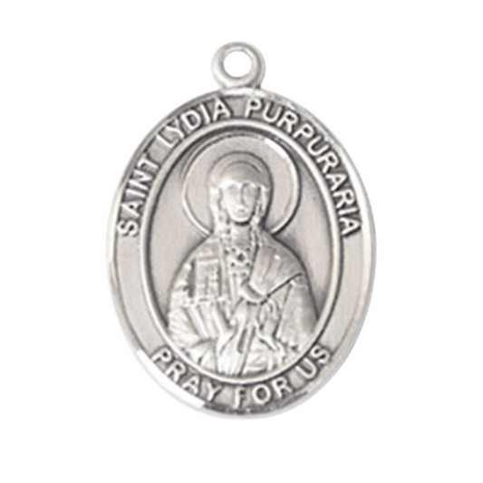 .925 Sterling Silver Saint St. Lydia Purpuraria Medal Pendant on 24 Inch Rhodium Plated Heavy Curb Brass Chain with Lobster Claw clasp, Catholic Religious Necklace - Made in USA- Deluxe Velvet Gift Box